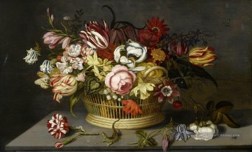  fleurs - Fleurs dans un panier avec un oeillet une rose et un lézard sur une table Ambrosius Bosschaert